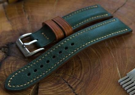 Pasek skórzany ręcznie robiony A. Kucharski Leather - Conceria Il Ponte Maya Double - darkgreen/camel 16 mm